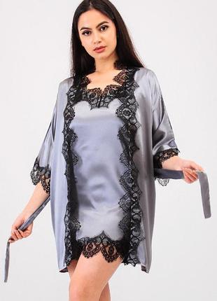 Шелковый домашний халат с кружевом+пеньюар атлас шелк,красивая домашняя одежда5 фото