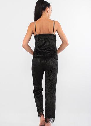 Женский велюровый комплект тройка брюки, майка и халат (17111-113) фуксия/черный6 фото