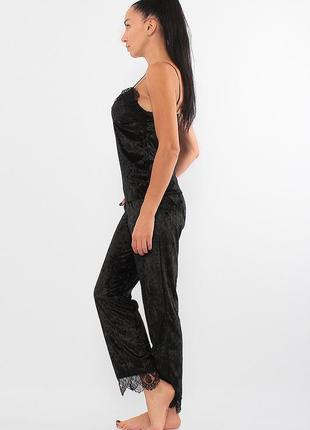 Женский велюровый комплект тройка брюки, майка и халат (17111-113) фуксия/черный5 фото