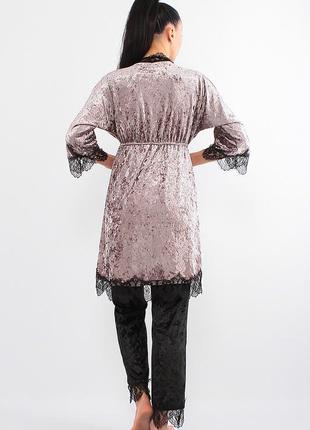 Женский велюровый комплект тройка брюки, майка и халат (17111-113) фуксия/черный3 фото