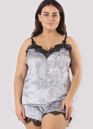 Большие размеры! женская велюровая пижама рози однотонная серого цвета3 фото