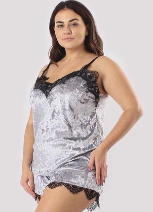 Большие размеры! женская велюровая пижама рози однотонная серого цвета4 фото