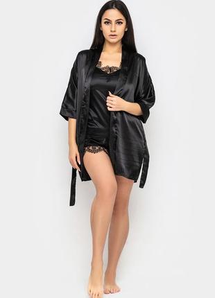 Элегантный домашний шелковый халат (черный)