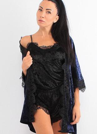 Элегантный халат женский велюровый с кружевом