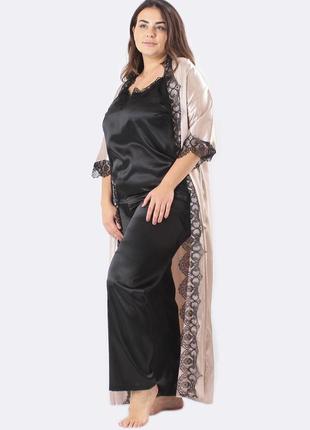 Комплект домашний шелковый брюки+майка+халат шелк 54,56,58,60 тройка натуральный/черный2 фото