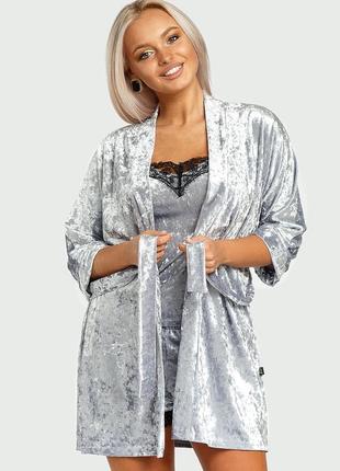 Домашняя одежда шортики майка халат велюр париж тройка (серый)