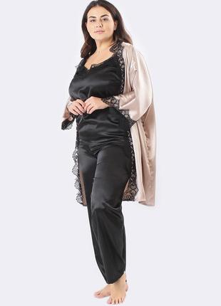 Большие размеры! шелковый домашний комплект брюки+майка+халат шелк сицилия тройка натуральный/черный2 фото