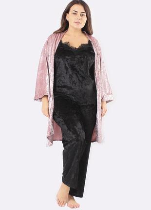 Супер батал! домашній комплект велюровий (халат + майка + штани) рожевий/чорний