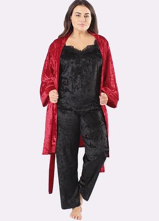 Супер батал! домашній комплект велюровий (халат + майка + штани) червоний/чорний