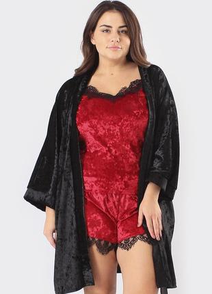 Супер баталы! комплект шортики+майка+халат велюровый тройка красный/красный