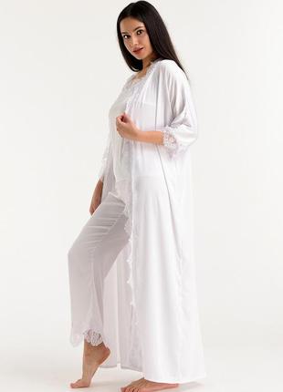 Комплект домашний брюки с кружевом +майка+длинный шелковый халат с кружевом2 фото