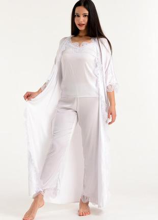 Комплект домашний брюки с кружевом +майка+длинный шелковый халат с кружевом3 фото