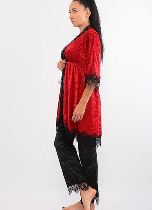 Женский велюровый комплект тройка брюки, майка и халат (17111-113) красный/черный6 фото