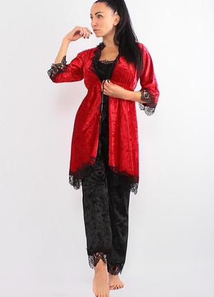 Жіночий велюровий комплект трійка штани, майка та халат (17111-113) червоний/чорний