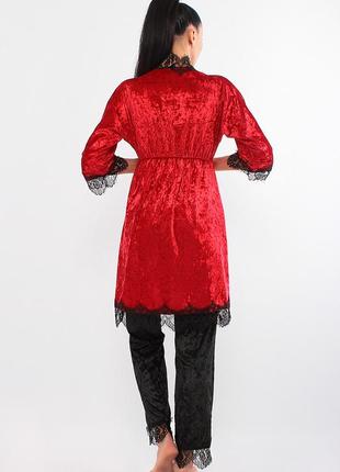 Женский велюровый комплект тройка брюки, майка и халат (17111-113) красный/черный7 фото