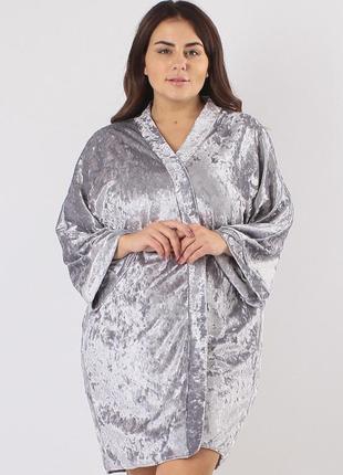Женский велюровый комплект для дома халат+пеньюар серый/серый2 фото