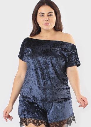 Комплект велюровый женский (футболка + шорты) синего цвета
