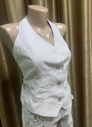 Льняной летний костюм reflex удлиненные шорты и блузка с открытой спиной размер 34/xs s6 фото