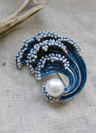 Елегантна синя брошка хвиля у вигляді морської хвилі колір срібло синій
