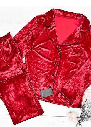 Жіноча велюрова піжама для дому сорочка+штани, червоного кольору.