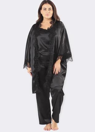 Большие размеры! шелковый домашний комплект брюки+майка+халат шелк сицилия тройка черный/черный1 фото