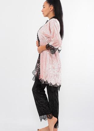 Женский велюровый комплект тройка брюки, майка и халат (17111-113) розовый/черный2 фото