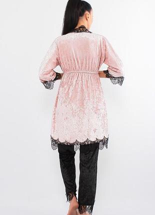 Женский велюровый комплект тройка брюки, майка и халат (17111-113) розовый/черный3 фото