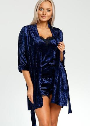 Домашний халат женский из плюшевого велюра (синий)1 фото