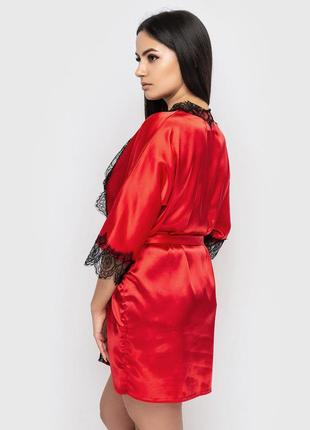 Шелковый домашний халат красный с черным кружевом 50 размер5 фото