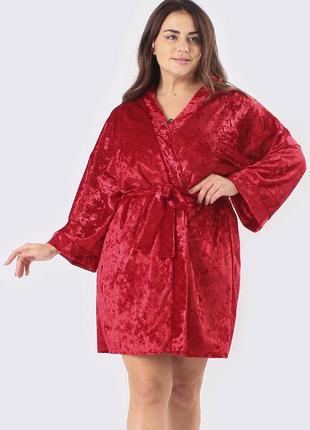 Большие размеры! велюровый женский комплект для дома халат+пеньюар красный/красный4 фото