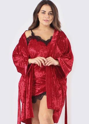 Большие размеры! велюровый женский комплект для дома халат+пеньюар красный/красный