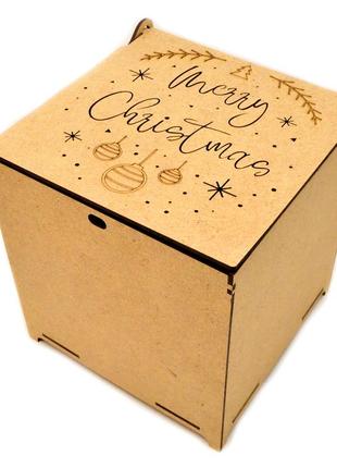 Крафтова подарункова коробка мдф 16х16х16см "merry christmas" дерев'яна коробочка для подарунка коричнева1 фото