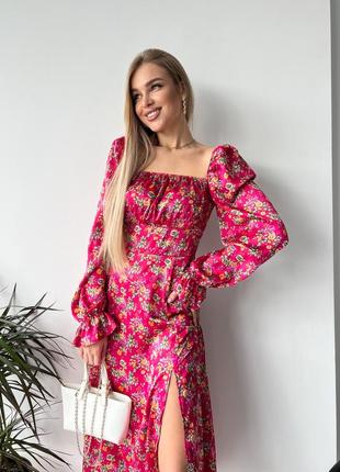 Чарівна шовкова квітчаста сукня міді в квітковий принт4 фото