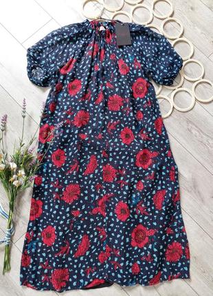 Темно - синє плаття в червоний квітковий принт туреччина aster textile (розмір 40 2