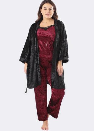 Супер батал! домашній комплект велюровий (халат + майка + штани) чорний/бордовий