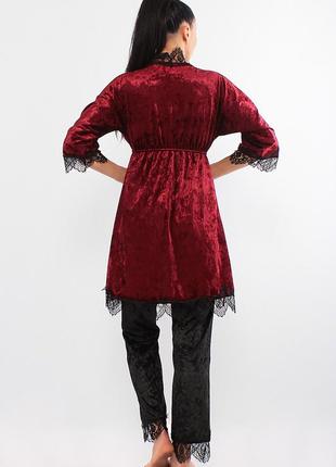 Женский велюровый комплект тройка брюки, майка и халат (17111-113) бордовый/черный3 фото