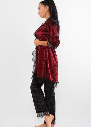 Женский велюровый комплект тройка брюки, майка и халат (17111-113) бордовый/черный2 фото