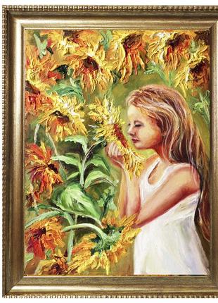 Маленькая картина маслом в раме цветы "девочка с подсолнухом", 20х15 см.1 фото