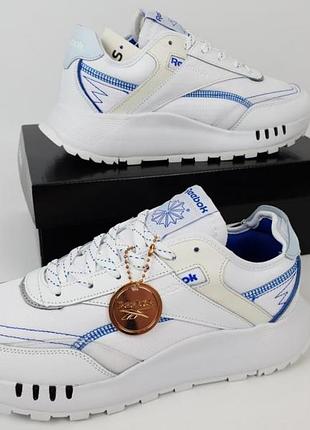 Мужские кроссовки reebok lather classic legacy white blue / smb4 фото