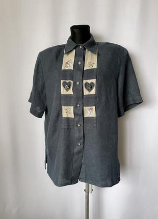 Темно синяя баварская рубашка блуза льняная с вышивкой стиль наив винтаж 80е с подплечиками