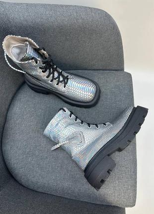 Дизайнерские ботинки с премиум кожи питон металлик хамелеон зима демисезон1 фото