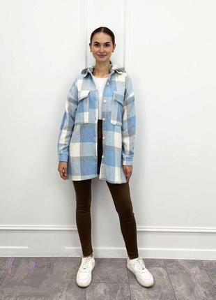 Женская удлиненная теплая рубашка в клетку с капюшоном осень демисезон зима весна