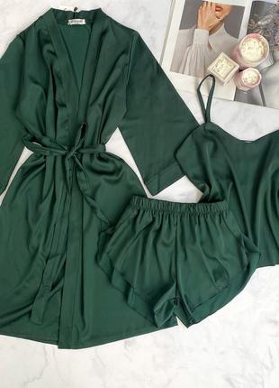 Шелковый пижамный комплект халат и пижама, красивый комплект для дома из шелка пижама майка, шорты и халат9 фото