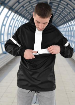 Черная мужская деми спортивная куртка ветровка анорак батал на высокий рост карманом спереди jordan2 фото
