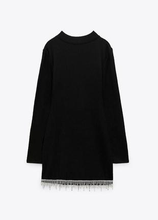 Черное трикотажное платье в рубчик из мягкой ткани со стразами zara теплоте нарядное мини платье зара6 фото