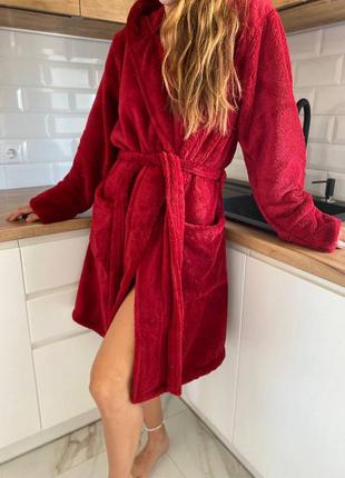 🏠🏠 червоний жіночий халат теплий з капюшон і кишенями