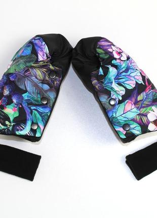 Раздельная муфта на коляску, рукавички на ручку коляски, муфты на коляску mamalook, черные с принтом "орхидеи"