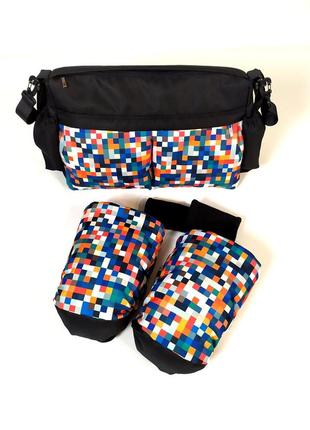 Сумка на коляску с муфтой рукавичками на коляску, комплект от mamalook, принт "пиксели"