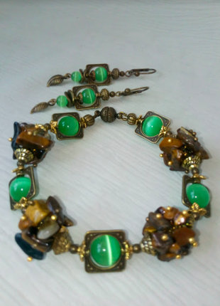 Дизайнерський стильний браслет дизайнерські сережки набір малахіт подарунок на набір3 фото