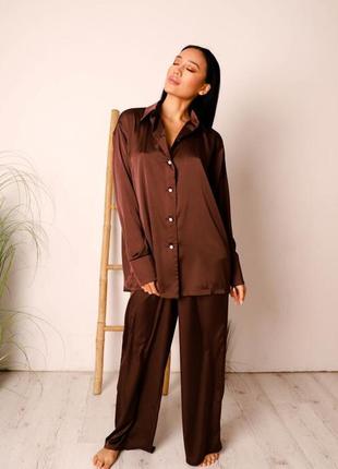 Домашний костюм женская  шелковая пижама сакура коричневый оверсайз шоколад1 фото